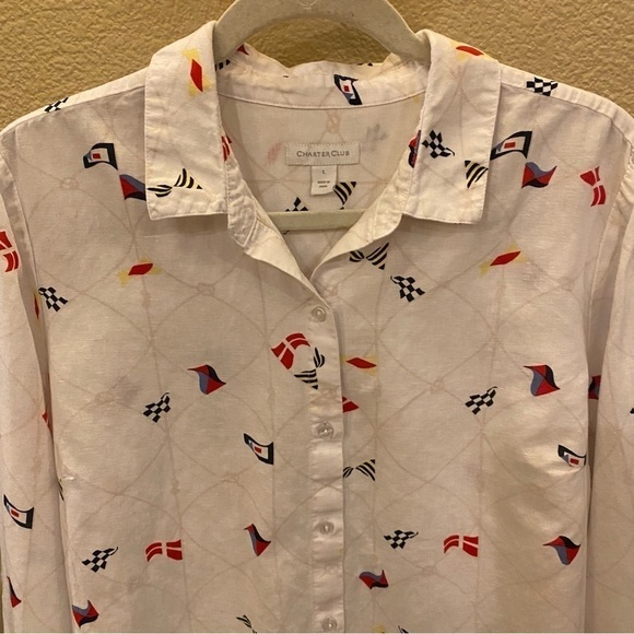 CHARTER CLUB Women Mariner Graphic Linen Blend Button Long Sleeve Shirt-Large - Picture 3 of 9